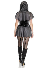 Load image into Gallery viewer, Rebel Knight Costume for Women, 2-Piece Medieval Halloween Costume with Metallic Armor-Inspired Mini Dress &amp; Faux Chainmail Hooded Capelet
