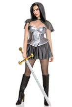 Load image into Gallery viewer, Rebel Knight Costume for Women, 2-Piece Medieval Halloween Costume with Metallic Armor-Inspired Mini Dress &amp; Faux Chainmail Hooded Capelet
