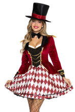 Load image into Gallery viewer, Ring Mistress Costume for Women, 3-Piece Circus Halloween Costume with Velvet Coat Dress, Satin Harlequin Skirt, Bow Tie Choker &amp; Top Hat
