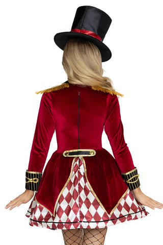 Ring Mistress Costume for Women, 3-Piece Circus Halloween Costume with Velvet Coat Dress, Satin Harlequin Skirt, Bow Tie Choker & Top Hat