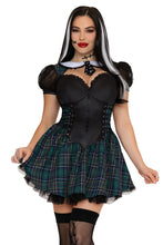 Load image into Gallery viewer, Stitched Up Sweetie Costume for Women, 2-Piece Halloween Monster Costume with Plaid Corset Mini Dress &amp; 4 Clip-In Hair Extensions
