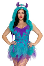 Load image into Gallery viewer, Monster Hottie Costume for Women, 3-Piece Y2K Monster Halloween Costume with Colorful Mini Dress, Furry Hood &amp; Oversized Leg Warmers
