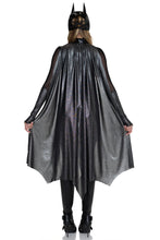 Load image into Gallery viewer, Dark Crimefighter Costume for Women, 4-Piece Superhero Halloween Costume with Padded Bodysuit, Dramatic Cape, Harness Belt &amp; Pointed Mask
