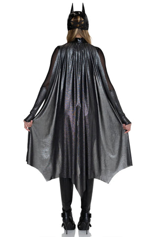 Dark Crimefighter Costume for Women, 4-Piece Superhero Halloween Costume with Padded Bodysuit, Dramatic Cape, Harness Belt & Pointed Mask