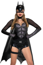 Load image into Gallery viewer, Dark Crimefighter Costume for Women, 4-Piece Superhero Halloween Costume with Padded Bodysuit, Dramatic Cape, Harness Belt &amp; Pointed Mask
