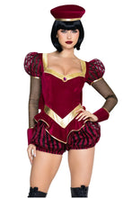 Load image into Gallery viewer, Tiny Tyrant Costume for Women, 3-Piece Fairytale Halloween Costume with Red Velvet Bloomer Romper, Wrist Cuffs &amp; Ruler Hat
