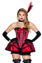Load image into Gallery viewer, Dancehall Darling Costume for Women, 4-Piece Burlesque Halloween Costume with Lace-Up Corset Dress, Bloomer Shorts, Choker &amp; Feathered Headpiece

