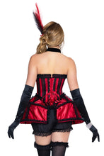 Load image into Gallery viewer, Dancehall Darling Costume for Women, 4-Piece Burlesque Halloween Costume with Lace-Up Corset Dress, Bloomer Shorts, Choker &amp; Feathered Headpiece
