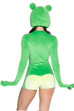 Load image into Gallery viewer, Flirty Froggy Costume for Women, 2-Piece Frog Halloween Costume with Plush Zip-Front Romper, Built-In Frog Gloves &amp; Oversized Frog Bonnet

