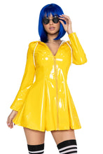 Load image into Gallery viewer, Rainy Day Rebel Costume for Women, 2-Piece Horror Halloween Costume with Glossy Yellow Raincoat Dress &amp; Button-Style Glasses
