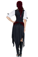 Load image into Gallery viewer, Pirate Beauty Costume for Women, 2-Piece Pirate Halloween Costume with Burgundy Velvet Dress, Chiffon Sleeves, Attached Sash &amp; Matching Head Scarf
