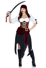 Load image into Gallery viewer, Pirate Beauty Costume for Women, 2-Piece Pirate Halloween Costume with Burgundy Velvet Dress, Chiffon Sleeves, Attached Sash &amp; Matching Head Scarf

