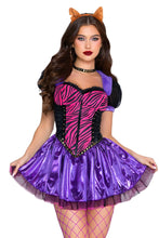 Load image into Gallery viewer, Clawed Cutie Costume for Women, 3-Piece Y2K Monster Halloween Costume with Zebra Print Bodice, Metallic Mini Skirt, Choker &amp; Animal Ear Headband
