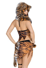 Load image into Gallery viewer, Saber Tooth Tigress Costume for Women, 5-Piece Y2K Cave Girl Halloween Costume with Tiger Print Halter Top, Asymmetrical Skirt, Tail, Ear Hood &amp; Leg Warmers
