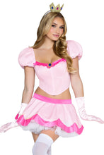 Load image into Gallery viewer, Pretty Pink Princess Costume for Women, 3-Piece Video Game-Inspired Halloween Costume with Boned Top, Flared Skirt &amp; Jeweled Crown Headband

