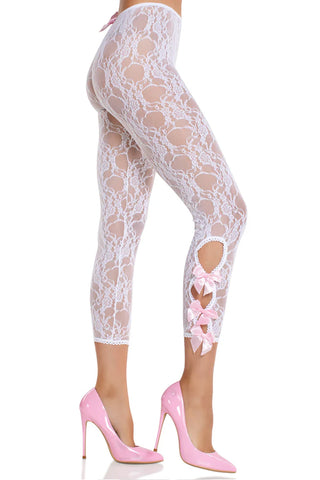 Flora Capri  Footless Tights – Romantic Coquette Lace Leggings with Scalloped Trim, Keyhole Cut-Outs & Bow Accents
