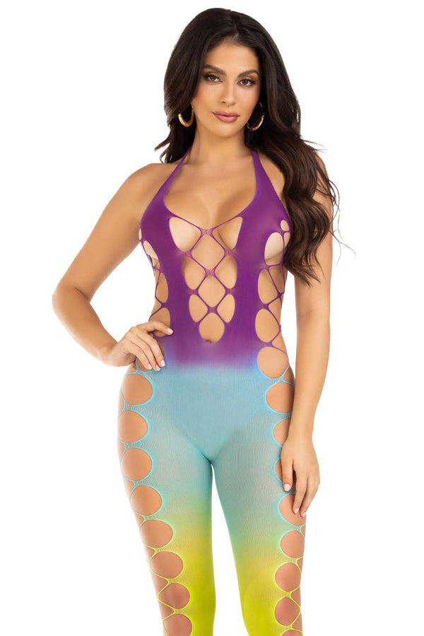 Seamless ombre faux lace up footless bodystocking