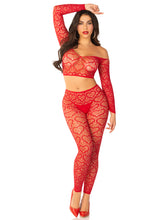 Load image into Gallery viewer, Wild Hearts Crop Top and Footless Tights, Heart Net 2-Piece Lingerie Set
