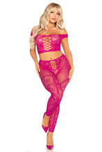Load image into Gallery viewer, Lace Temptation: Off-the-Shoulder Crop Top &amp; Footless Tights Lingerie Set
