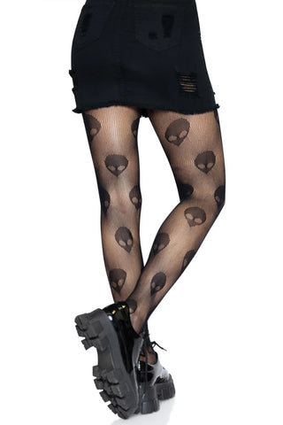 Vivid Neon Alien Net Tights with Fun Alien Head Pattern