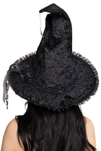 Load image into Gallery viewer, Dark Lolita Velvet Witch Hat for Women, Gothic Halloween Costume Hat with Pleated Chiffon Trim, Floral Accents, Bat Wings &amp; Spider Charm
