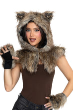 Load image into Gallery viewer, Wolf Costume Kit for Adults, 2-Piece Unisex Halloween Costume Accessory Set with Faux Fur Wolf Hood &amp; Matching Fingerless Gloves

