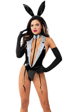 Load image into Gallery viewer, Tuxedo Bunny Liquid Spandex Romper Set with Silver Sequin Collar and Removable Garter Straps
