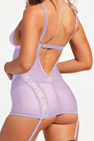 2-Piece Lace & Mesh Chemise Lingerie Set – Open Back, Garter Straps & Matching Thong with Gold Hardware