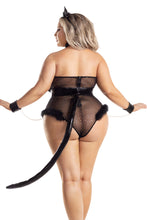 Load image into Gallery viewer, Disco Kitty sparkle mesh teddy with Marabou Details and Gold Hardware and Vinyl Details
