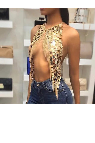 Metal Sequins Tassel Harness Necklace Bra Chain