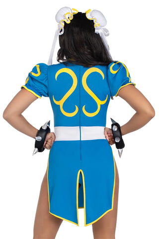 Chun-Li Costume for Women – 3 PC Bodysuit Dress with Signature Details, Spiked Wrist Cuffs & Ribbon Bun Covers