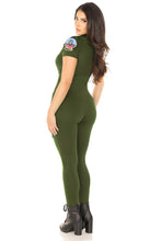 Load image into Gallery viewer, Top Gun Flight Suit Costume for Women – 1 PC Spandex Catsuit with Interchangeable Maverick &amp; Goose Name Badges
