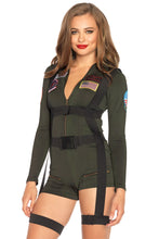 Load image into Gallery viewer, Top Gun Romper Costume for Women – 2 PC Spandex Flight Romper with Body Harness &amp; Interchangeable Maverick and Goose Name Badges
