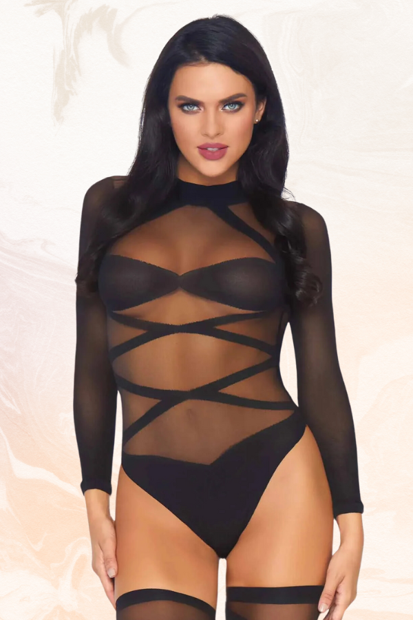 Truth Or Dare Bodysuit And Thigh Highs Set, Opaque Criss-Cross Lingerie Set