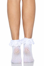 Load image into Gallery viewer, Women’s Lace Ankle Socks – Crochet Pattern Socks with Heart Lace Ruffle for Everyday &amp; Special Occasions
