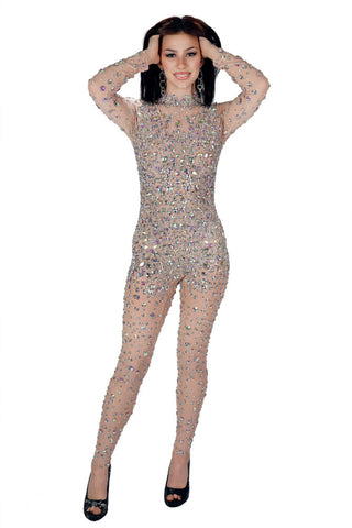 Full Rhinestone Sheer Mesh Bodysuit – Long Sleeve Sparkly Jumpsuit for Performance, Dance, Club & Stage