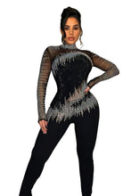 Load image into Gallery viewer, Mock Neck Fringe Rhinestone Jumpsuit – Sparkly Sheer Mesh Performance Catsuit for Dance
