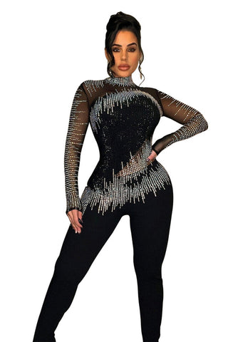 Mock Neck Fringe Rhinestone Jumpsuit – Sparkly Sheer Mesh Performance Catsuit for Dance