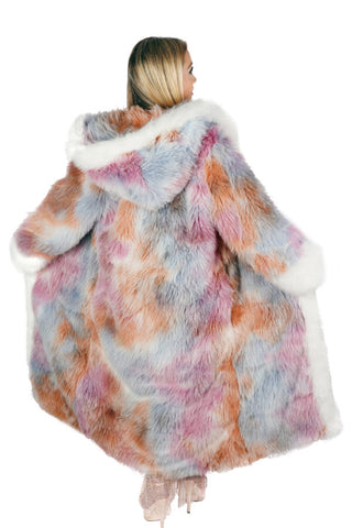 Faux Fur Colorful Long Jacket with Hood