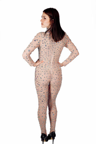 Full Rhinestone Sheer Mesh Bodysuit – Long Sleeve Sparkly Jumpsuit for Performance, Dance, Club & Stage