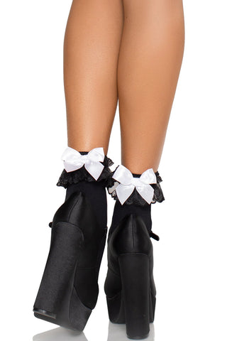 Women’s Ruffle Bow Ankle Socks – Lace Frill Socks with Bow Detail, Sexy Maid Style Stocking Socks for Heels, Costumes & Everyday Fashion