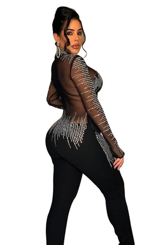 Mock Neck Fringe Rhinestone Jumpsuit – Sparkly Sheer Mesh Performance Catsuit for Dance