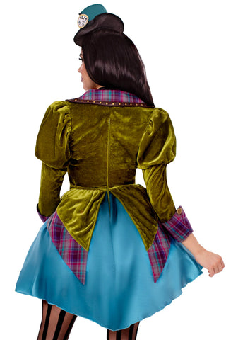 Deluxe Mad Hatter Costume for Women – 3 PC High/Low Velvet Dress with Lace Neck Piece & Mini Clock Hat