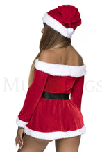 Load image into Gallery viewer, Joyful Clause 3 Piece Women’s Christmas Costume – Off-Shoulder Velvet Dress with Adjustable Straps, Santa Hat &amp; Belt
