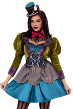 Load image into Gallery viewer, Deluxe Mad Hatter Costume for Women – 3 PC High/Low Velvet Dress with Lace Neck Piece &amp; Mini Clock Hat
