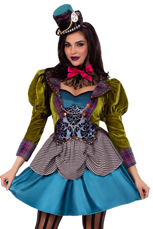 Deluxe Mad Hatter Costume for Women – 3 PC High/Low Velvet Dress with Lace Neck Piece & Mini Clock Hat