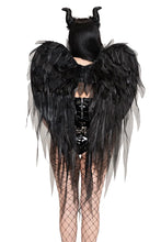 Load image into Gallery viewer, Wicked Fairy Costume Accessory Set for Women, 2-Piece Dark Fairy Halloween Costume with Oversized Black Chiffon Wings &amp; Curved Horn Headband
