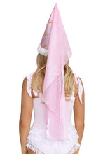 Load image into Gallery viewer, Medieval Hennin Princess Hat for Women, Pink Renaissance Costume Hat with Gold Floral Accents, Pearl Trim &amp; Flowing Veil
