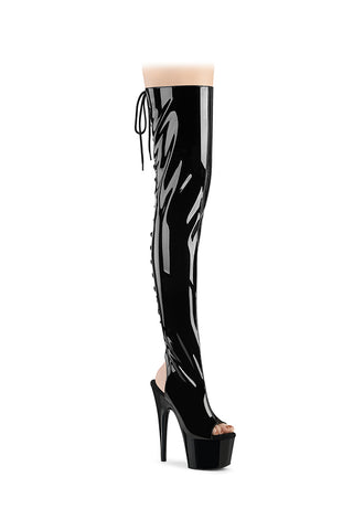 Black Shiny Lace-Up Back Thigh High Boot