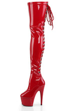 Load image into Gallery viewer, Stretch Thigh Boot with 7-Inch Stiletto Heel, Platform, and Rear Lace-Up Detail
